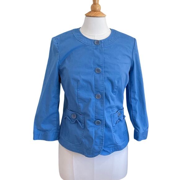 Talbots Lightweight Cotton Canvas Blue 3/4 Sleeve Button Jacket, Pockets, 10 - Picture 1 of 10